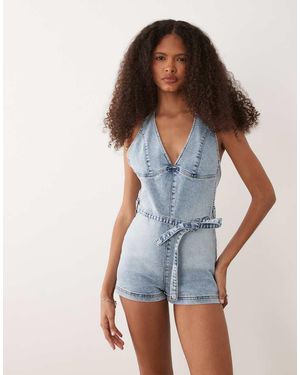 Miss Selfridge Mono Corto Azul Lavado Escotado Con Lazada En La Cintura De