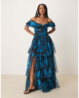 LACE & BEADS Off-shoulder Tulle Maxi Dress - Blue