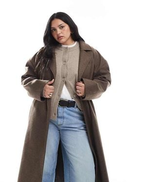 Brave Soul Plus Faux Wool Longline Belted Overcoat - Brown