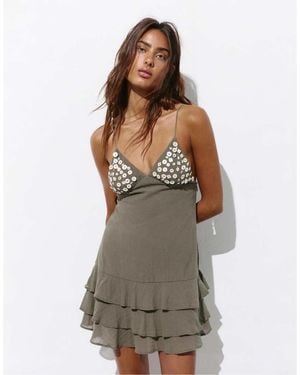 Pull&Bear Short Strappy Button Dress - Green