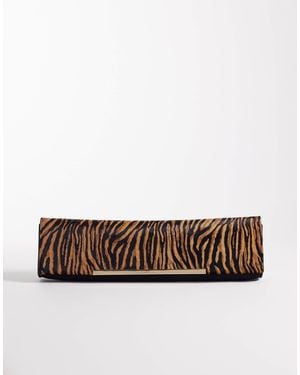 ASOS Suede & Hair On Real Leather With Tiger Print Elongated Clutch Bag With Bar Detail - White