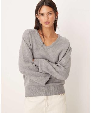 Gina Tricot Long Sleeve V Neck Knitted Jumper - Grey