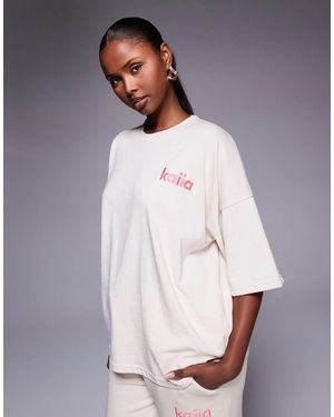 Kaiia Embroidered Logo Sweethearts Sticker Back Graphic Oversized T-shirt Co-ord - Grey