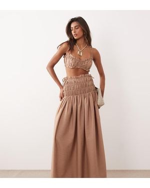 Wanderdoll Soulie Linen Look Shirred Dropped Waist Tie Detail Maxi Skirt - Brown