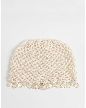 South Beach Crochet Festival Cap With Shell Embellishment - Natural