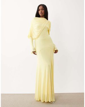 ASOS Modesty Mesh Maxi Dress With Overlay Draped Neckline Detail - Natural