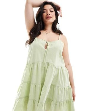 Collusion Plus Cotton Linen Tiered Dress With Bunny Tie And Ring Detail - Green