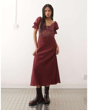 Reclaimed Vintage Midi Tea Dress With Lace Inserts - Red