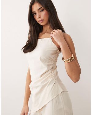 Kaiia Exclusive Linen Blend Square Neck Gathered Asymmetric Longline Top Co-ord - Natural