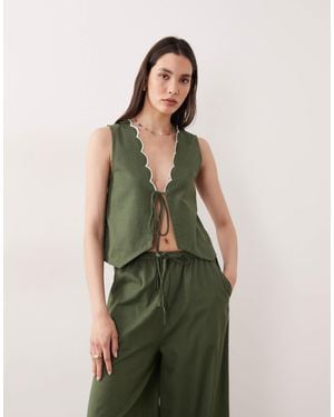 esmé studios Esmee Tie Front Beach Top Co-ord With Cream Scallop Trim - Green