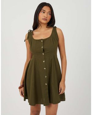 Brave Soul Strappy Button Front A-Line Mini Dress - Green