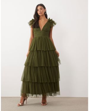 LACE & BEADS Tulle V-neck Tiered Ruffle Maxi Dress - Green