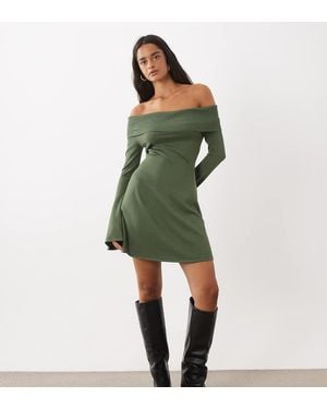 Kaiia Exclusive Knitted Ribbed Foldover Bardot Flare Sleeve Mini Dress - Green