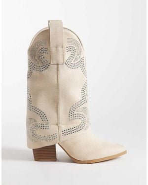 SEQWL Stivali Al Ginocchio Stile Western Color Crema Micro Decorati - Bianco
