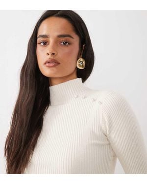 The Frolic Exclusive High Neck Ribbed Knit Pearl Detail Flare Sleeve Jumper - White