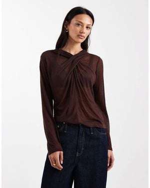 ASOS Knit-Look Semi Sheer Long Sleeve Top With Drape Neck - Red