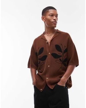 TOPMAN Relaxed Floral Applique Revere Knitted Shirt - Brown