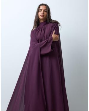 Iyal Chiffon High Neck Boho Caped Kaftan Maxi Dress - Purple
