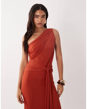 ASOS Vestido De Malla Asimétrico De Un Hombro Con Detalle De Pañuelo En Color Óxido-Naranja - Rojo