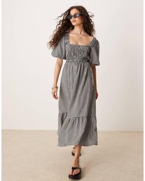 Threadbare Gingham Milkmaid Midi Dress With Shirred Bust - Grey