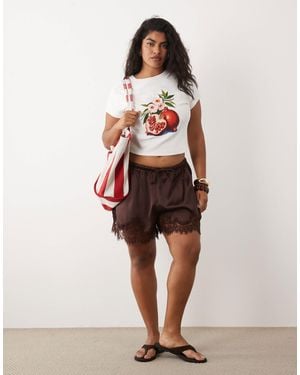 ASOS Asos Design Curve Satin Lace Trim Drawstring Waist Short - Red
