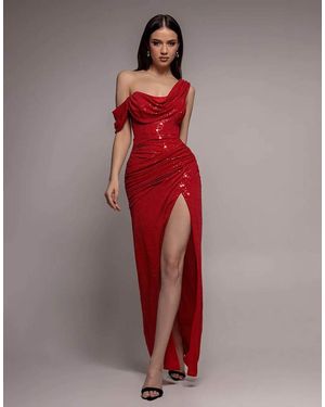 Goddiva Cowl Neck Glitter Draped Maxi Dress - Red