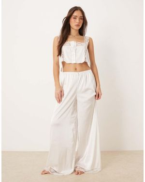 KAT THE LABEL Cindy Satin Wide Leg Trousers With Lace Trim - White
