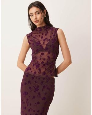 ASOS Grown On Neck Flocked Floral Ruched Side Top - Purple