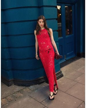 TOPSHOP Knitted Premium Crochet Maxi Dress - Red