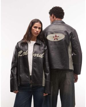 Reclaimed Vintage Unisex Leather Look Motor Jacket With Branding - Black