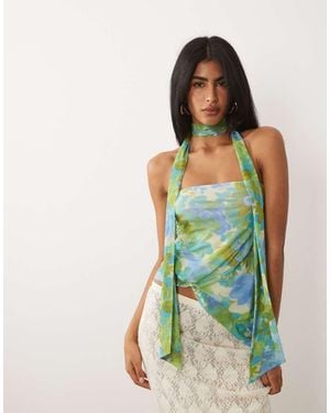 ASOS Printed Mesh Bubble Scarf Top With Knot - Green