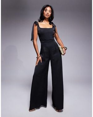 TFNC London Tie Shoulder Satin Wide Leg Jumpsuit - Blue
