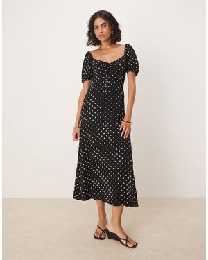 ASOS Scalloped Collar Puff Sleeve Seam Detail Midi Tea Dress - Natural