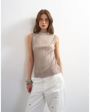 TOPSHOP High Neck Sleeveless Plisse Top - Natural