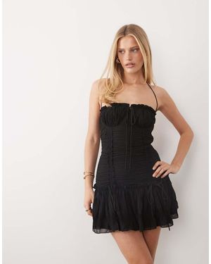 Aria Cove Chiffon Trim Ruffle Drop Waist Tie Detail Mini Dress - Blue