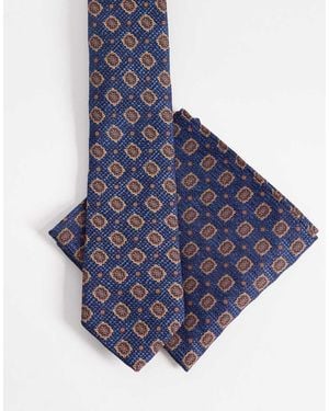 ASOS Tie And Pocket Square With Vintage Print - Blue