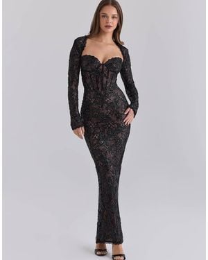 House Of Cb Lucelle Heavily Beaded Embellished Lace Maxi Dress - Black