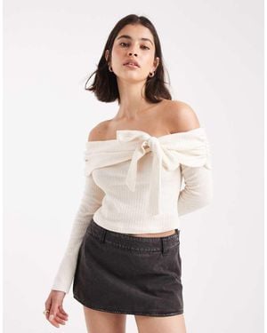 Miss Selfridge Ribbed Bardot Top With Bow Detail - White