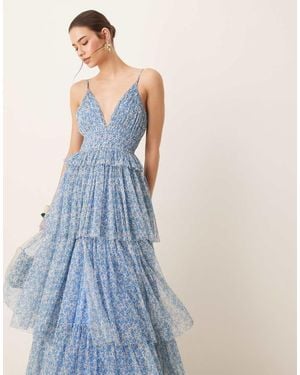 LACE & BEADS Tiered Shirred Maxi Dress - Blue