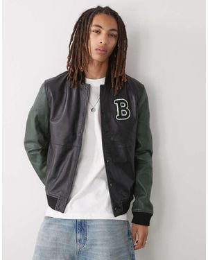 Barneys Originals Real Leather Varsity Bomber Jacket - Grey