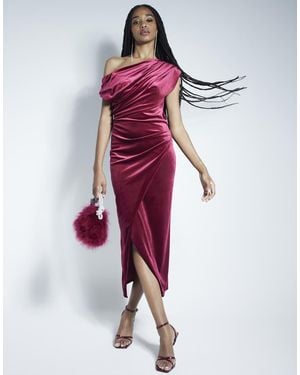 River Island Velvet Drape Off Shoulder Column Dress - Red