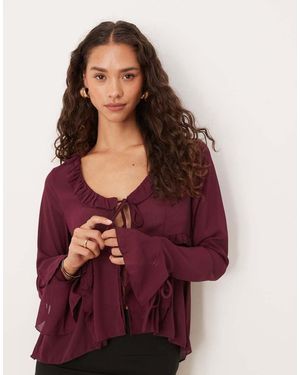 Brave Soul Long Sleeve Mesh Ruffle Tie Front Blouse - Red