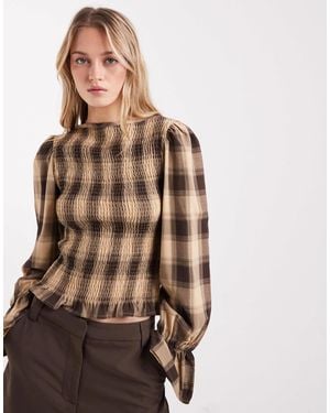 ASOS Shirred Long Sleeve Blouse - Brown