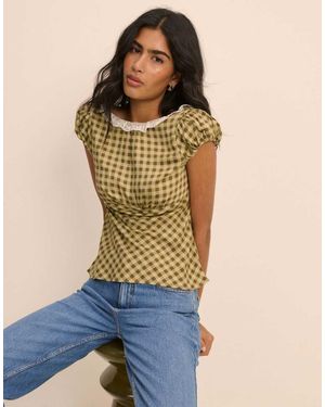 Nobody's Child Dione Round Neck Lace Trim Puff Sleeve Top - Blue
