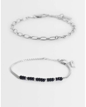 ASOS 2 Pack Oval Link And Black Beaded Rope Chain Bracelet - Grey