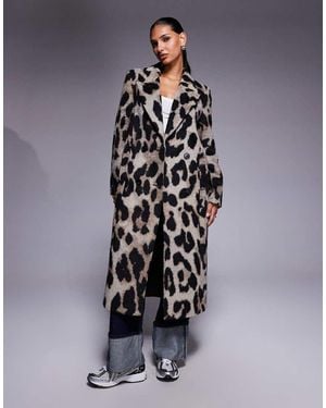 River Island Brushed Leopard Print Double Breasted Coat - Brown