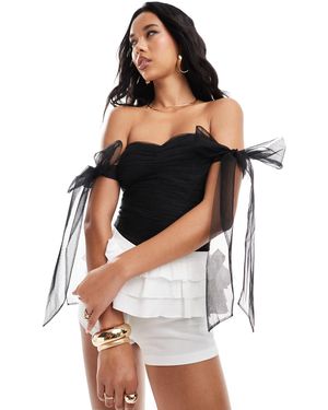 LACE & BEADS Bardot Tie Sleeve Ruched Bodysuit - Black