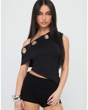 Princess Polly Noteworthy Eyelet Detail Asymmetric Off Shoulder Fold Over Top - Black