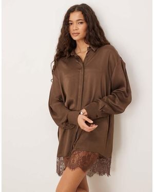 ASOS Satin Shirt Mini Dress With High Low Curved Hem - Brown