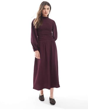 Wednesday's Girl Puff Sleeve Shirred Detail Midaxi Dress - Purple